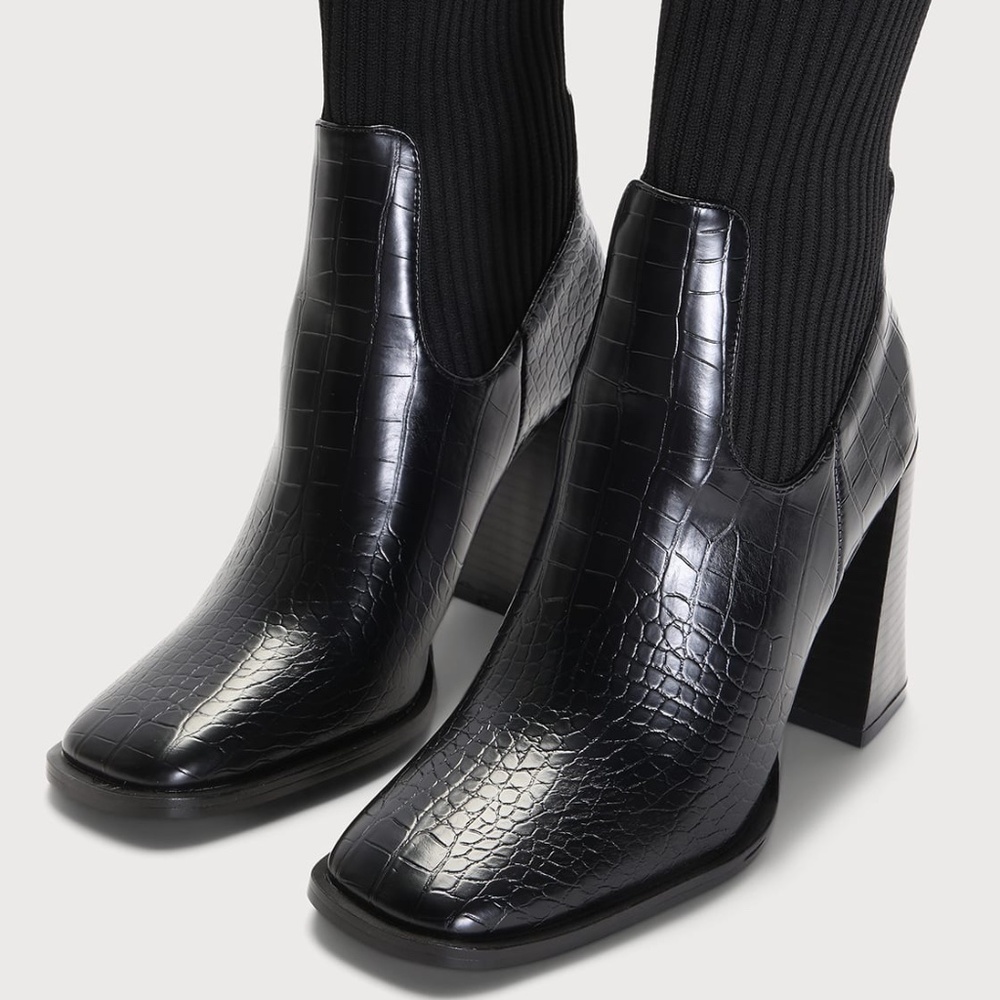 Naynee Black Crocodile-Embossed Square Toe Mid-Calf Boots
